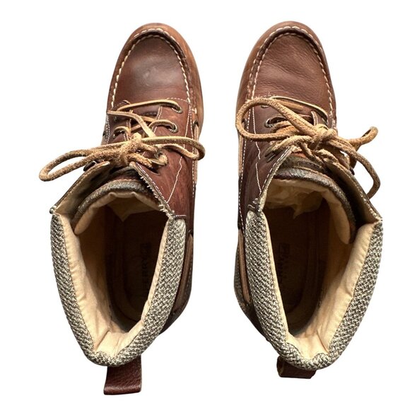 Sperry Bailey Wedge Ankle Boots Brown Leather Plaid Textile Panel Lace-Up Size 8 - Picture 6 of 8